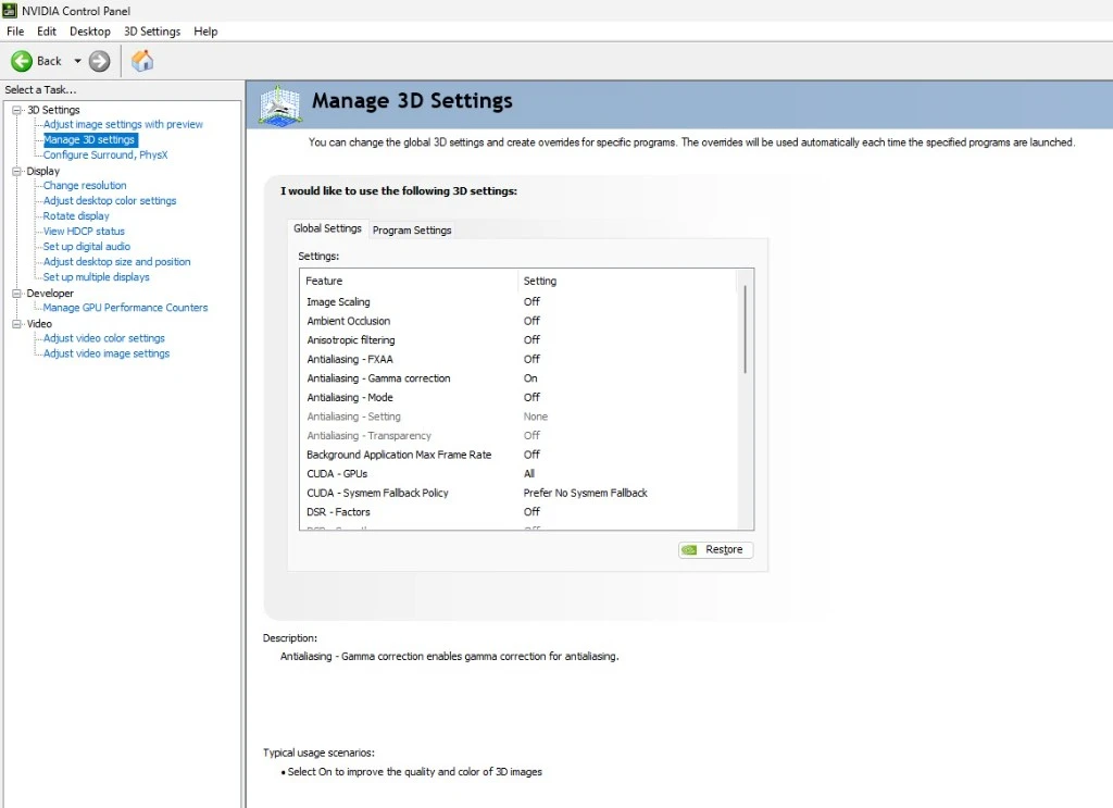 NVIDIA Control Panel, Manage 3D settings, Global Settings: Image Scaling to DSR - Factors
